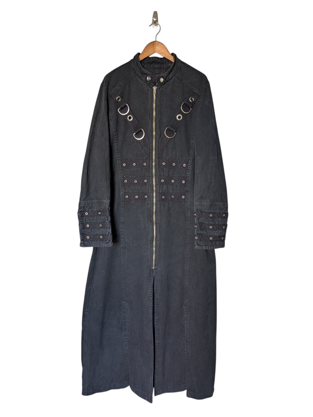 Tripp NYC Black Long Trench Coat Size XL Goth Raver Punk Bondage Mens Cotton